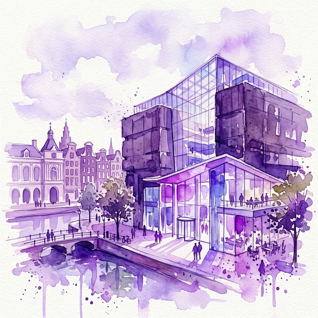 Ilustracja akwarelowa odnowionego budynku De Nederlandsche Bank, nowoczesnej szklanej konstrukcji z przezroczystymi fasadami, na tle kanału i zabytkowej holenderskiej architektury, odzwierciedlająca jego przemianę w przestrzeń publiczną.