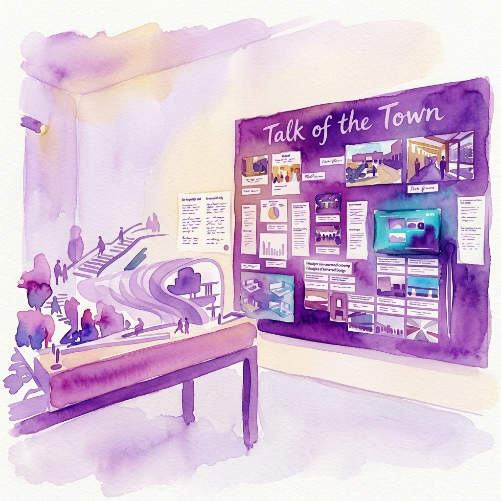 Ilustracja akwarelowa wystawy 'Talk of the Town', przedstawiająca model miasta z dostępnymi ścieżkami i fioletową ścianą z panelami informacyjnymi na temat dostępności miejskiej.