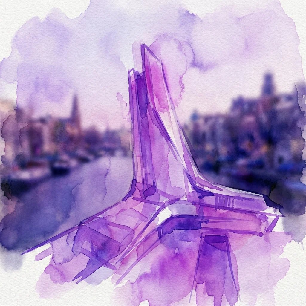 Fioletowa ilustracja akwarelowa futurystycznej makiety architektonicznej, reprezentująca nominowany projekt do Nagrody Architektonicznej Amsterdam 2026, z rozmytą panoramą Amsterdamu w tle.