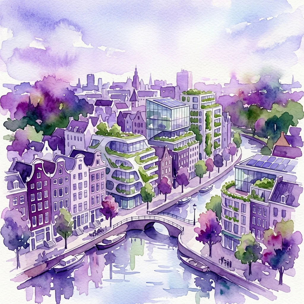 Ilustracja akwarelowa panoramy Amsterdamu przedstawiająca zabytkowe kamienice nad kanałami obok nowoczesnych, odnowionych budynków z zielonymi dachami i panelami słonecznymi, podkreślająca zrównoważoną odnowę miejską.