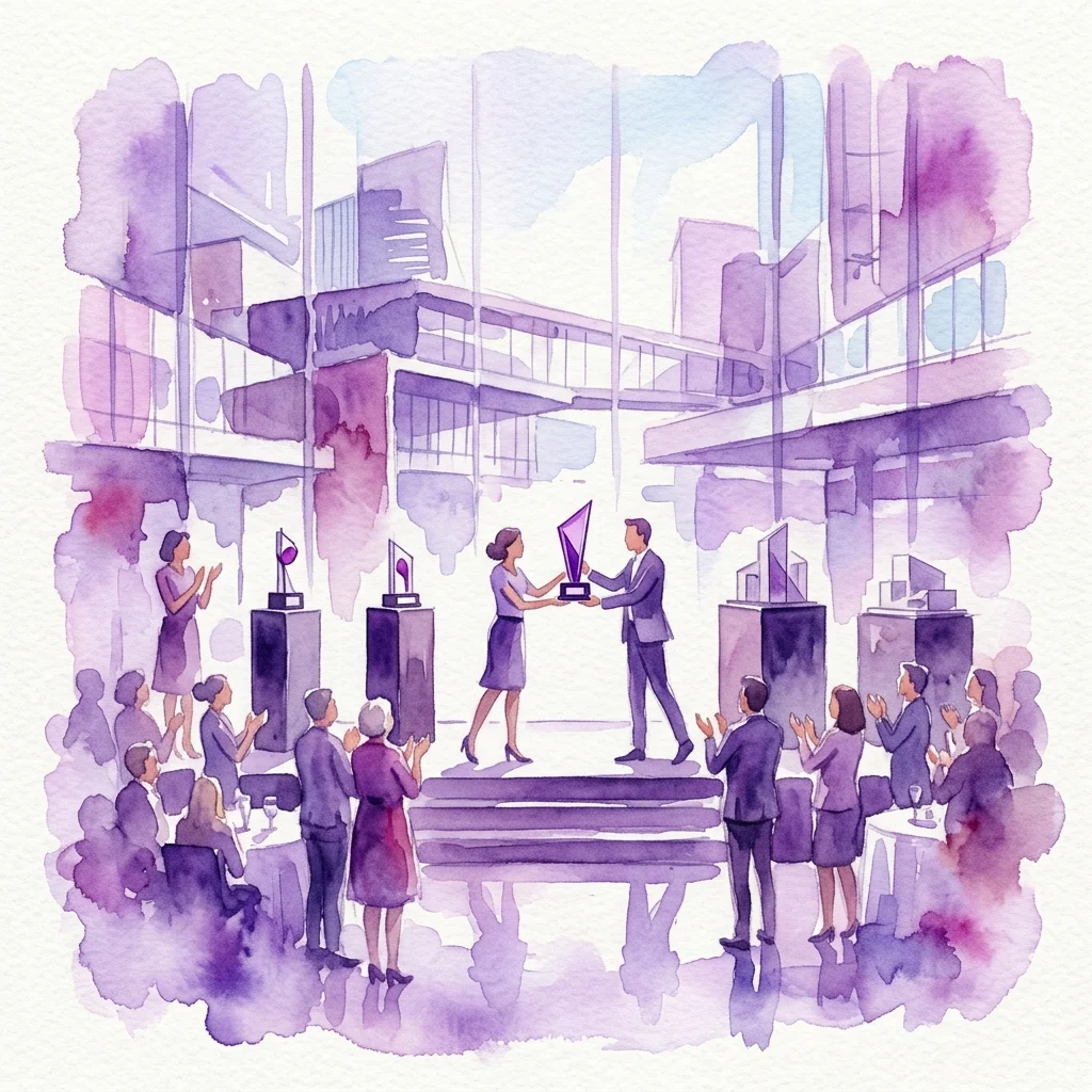 Ilustracja akwarelowa ceremonii wręczenia nagród za nowoczesną architekturę, przedstawiająca mężczyznę wręczającego trofeum kobiecie na scenie, otoczonego przez klaszczących gości i modele architektoniczne na postumentach.
