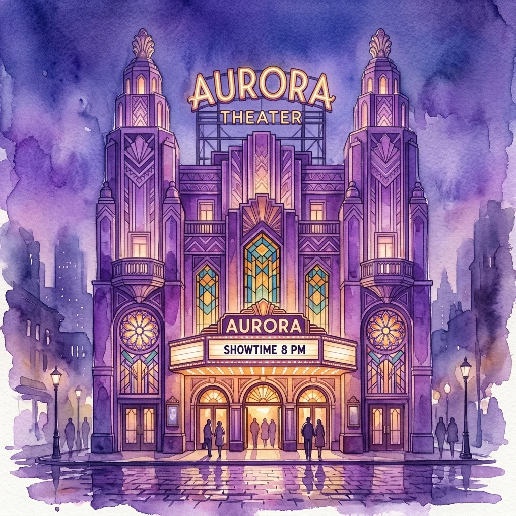 Art deco theater facade with ornate details, stained glass, and prominent towers, glowing warmly at dusk. The building features a large "Aurora Theater" sign and a marquee displaying "Showtime 8 PM."