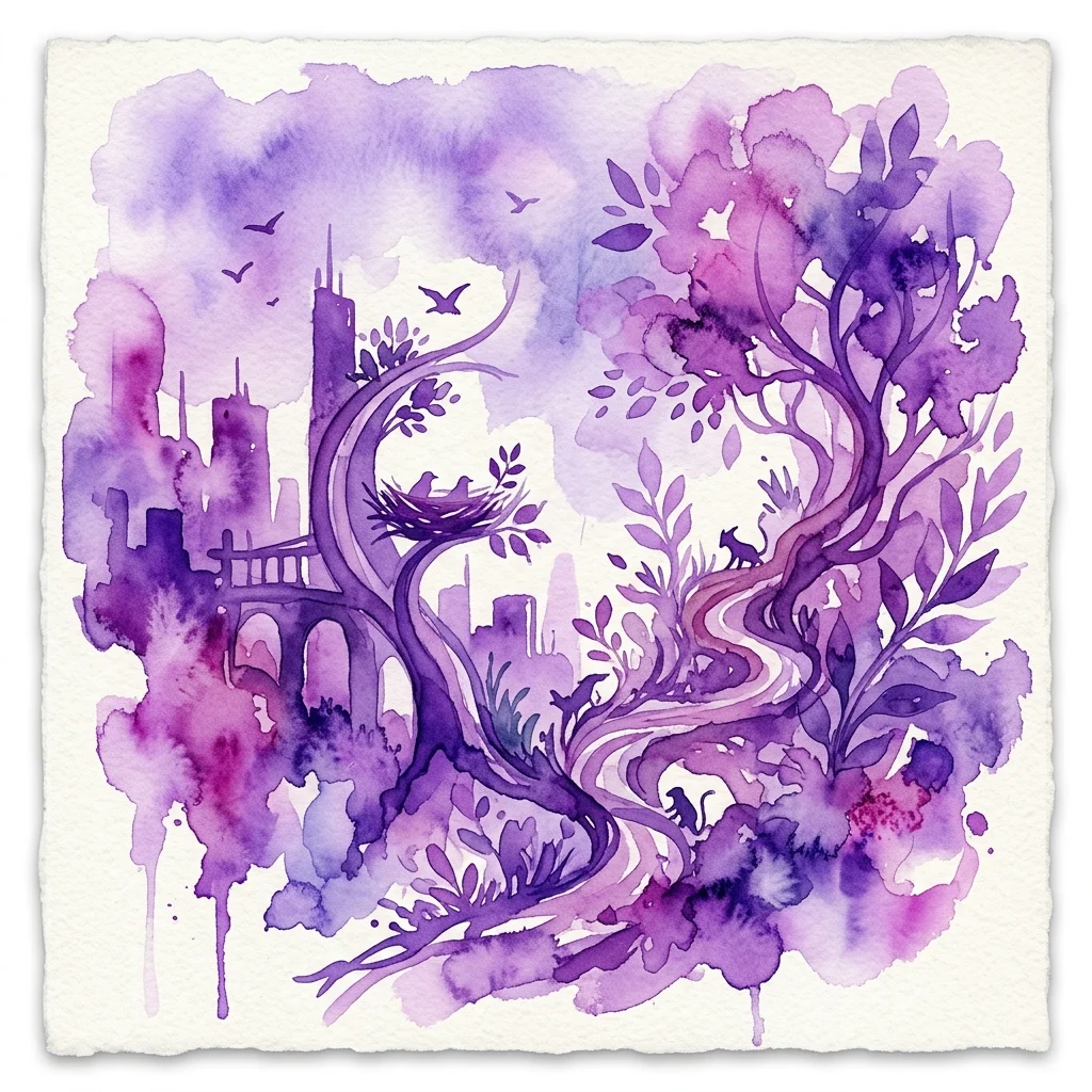 A purple watercolor artwork depicting a cityscape merging with natural elements like trees, birds, and animals, illustrating a concept of urban spaces viewed from non-human perspectives.