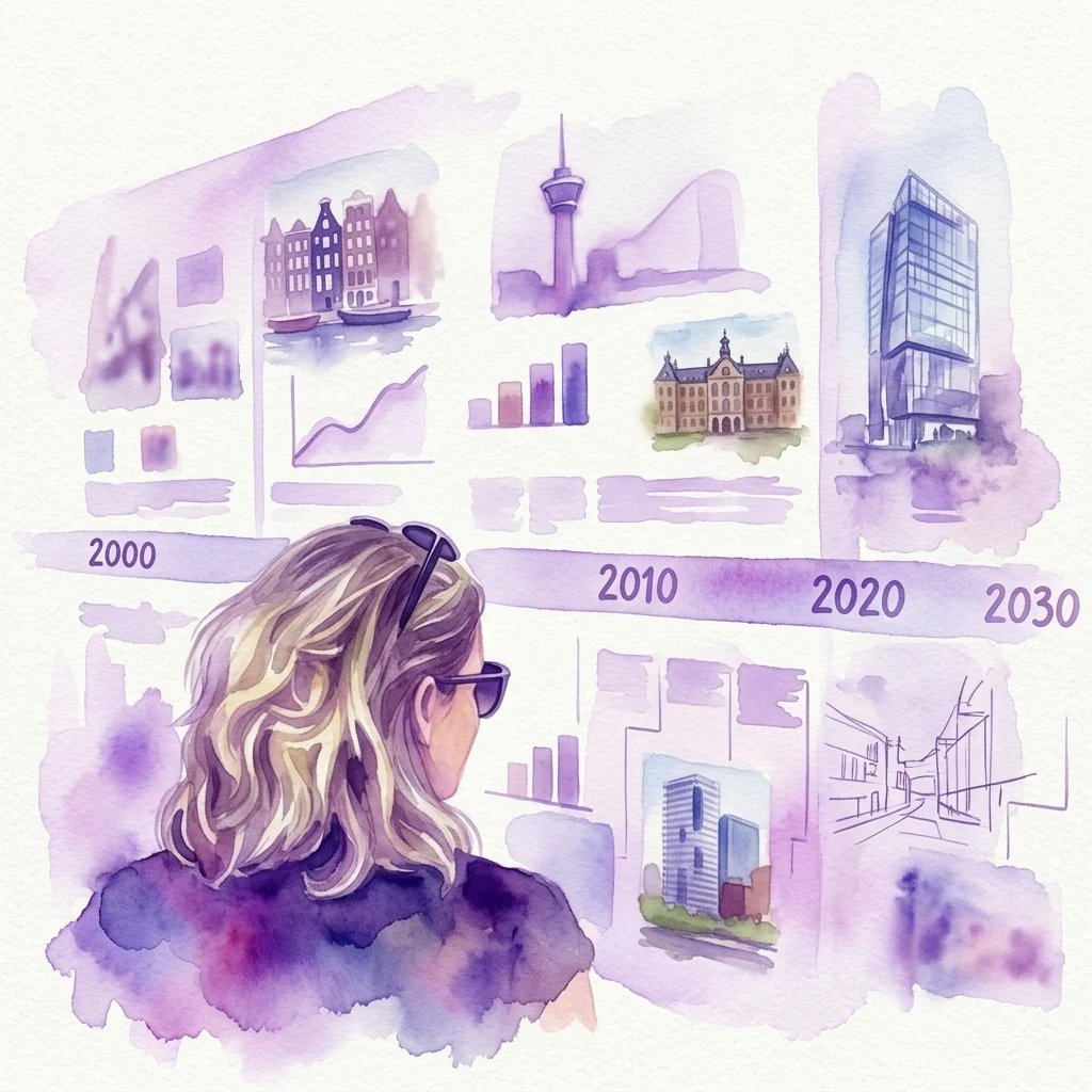Een aquarelillustratie van een persoon die een tijdlijn bekijkt van de stedelijke ontwikkeling van Amsterdam van 2000 tot 2030, met architecturale tekeningen, staafdiagrammen en afbeeldingen van iconische gebouwen.