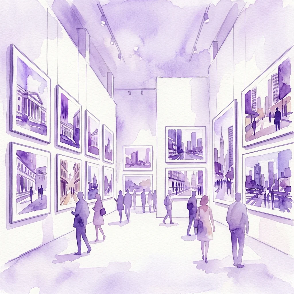 Scena w galerii w stylu akwareli ilustrująca wystawę „Traces of a City in Motion” z oprawionymi fotografiami miejskimi na białych ścianach i zwiedzającymi oglądającymi eksponaty.
