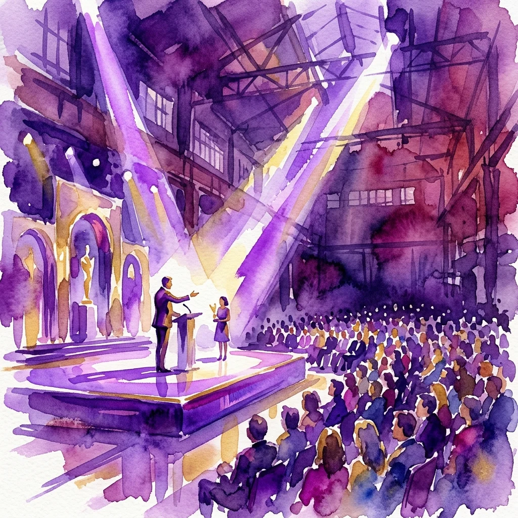 Watercolor illustration of the Amsterdam Architecture Prize 2026 award ceremony at Studio Wieman, featuring a stage with speakers, spotlights, and an audience in a transformed industrial space.