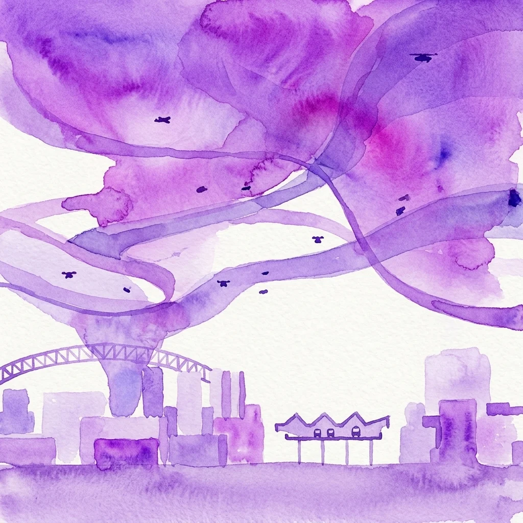 A watercolor illustration of a futuristic cityscape with purple aerial pathways and drones flying above, representing speculative urban drone integration designs.