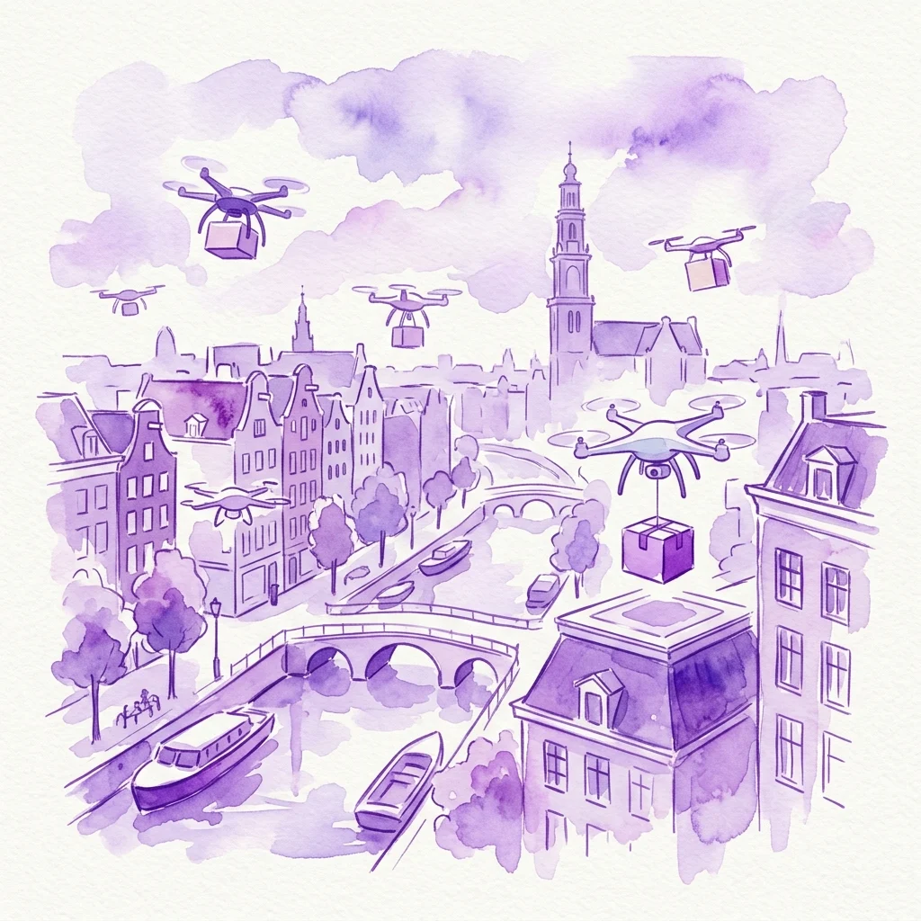 Ilustración conceptual de drones entregando paquetes sobre un paisaje urbano de Ámsterdam con tonalidades púrpuras, canales, puentes y edificios históricos, representando el proyecto Urban Sky Lab.