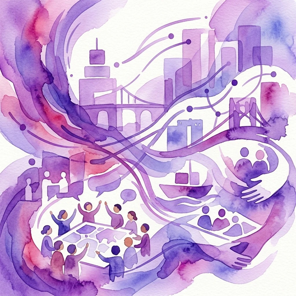 Ilustracja akwarelowa przedstawiająca współpracę w zakresie planowania urbanistycznego, z abstrakcyjnymi modelami architektonicznymi, członkami społeczności dyskutującymi oraz elementami symbolicznymi reprezentującymi reagowanie na kryzys i działania zbiorowe w przestrzeni miejskiej.