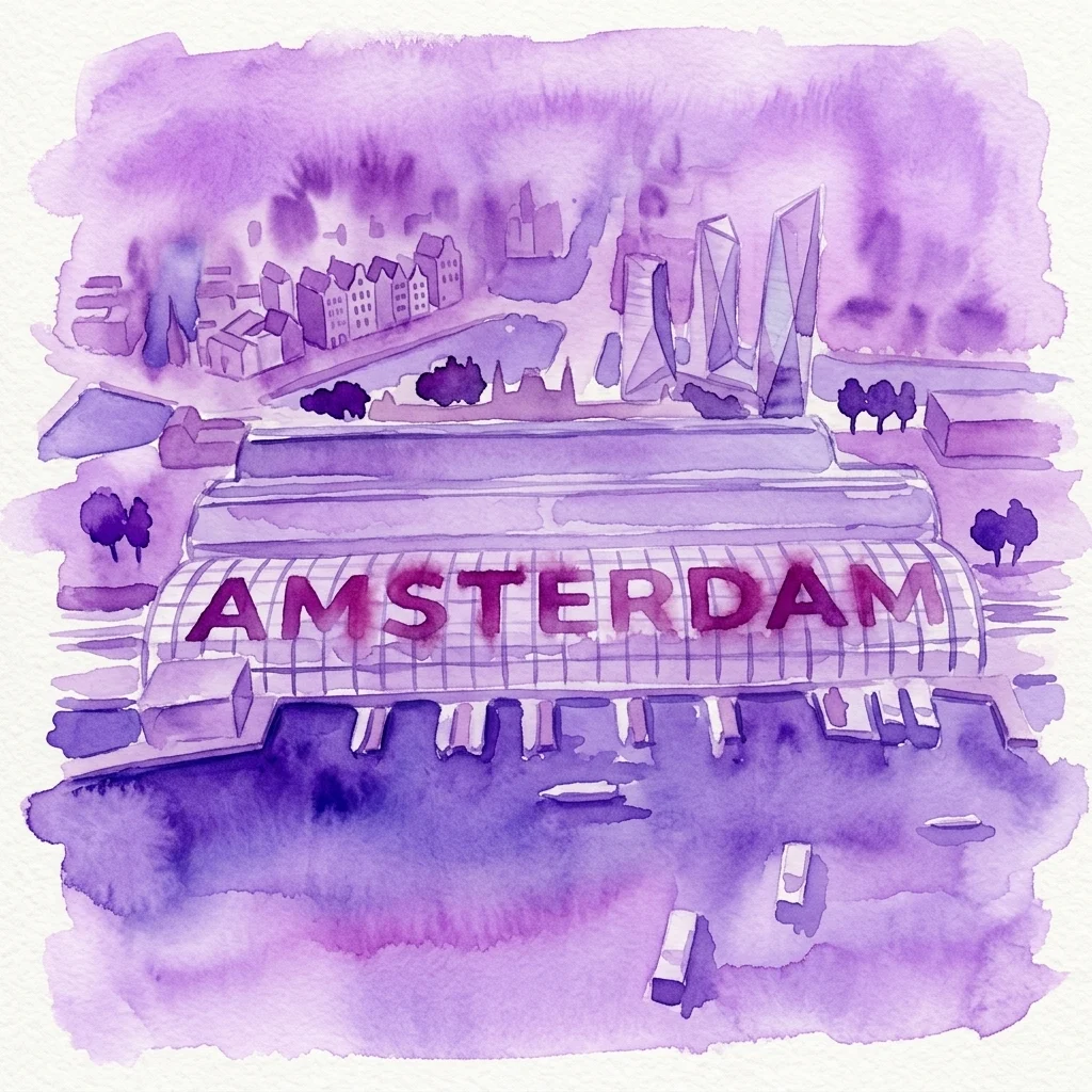 Ilustracja akwarelowa panoramy Amsterdamu z historycznymi budynkami i nowoczesnymi drapaczami chmur, z napisem 'AMSTERDAM' widocznym na jednej ze struktur, przedstawiająca rozwój urbanistyczny w latach 1986-2026.