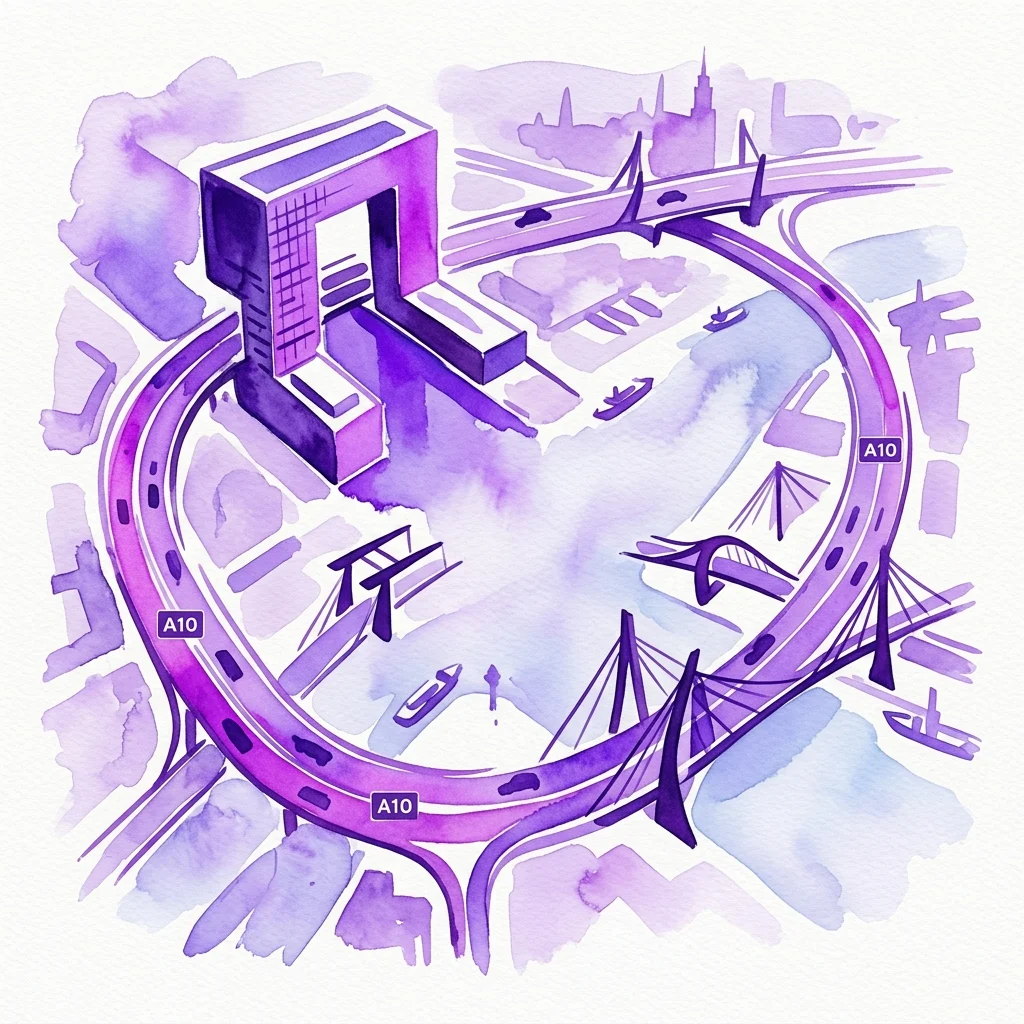 A watercolor illustration of Amsterdam's A10 ring road, highlighting iconic structures like the Sluishuis building and bridges, in a stylized purple and blue artistic design.