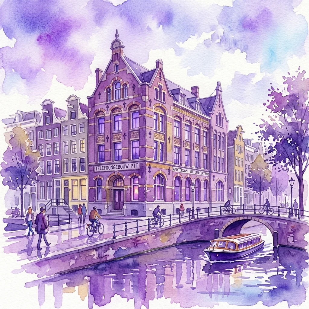 Ilustracja akwarelowa zabytkowego budynku centrali telefonicznej w Amsterdamie, z napisem „TELEFOONGEBOUW PTT” i „AMSTERDAM TELEFOON CENTRALES”, położonego nad kanałem z mostem, rowerzystami i łodzią.