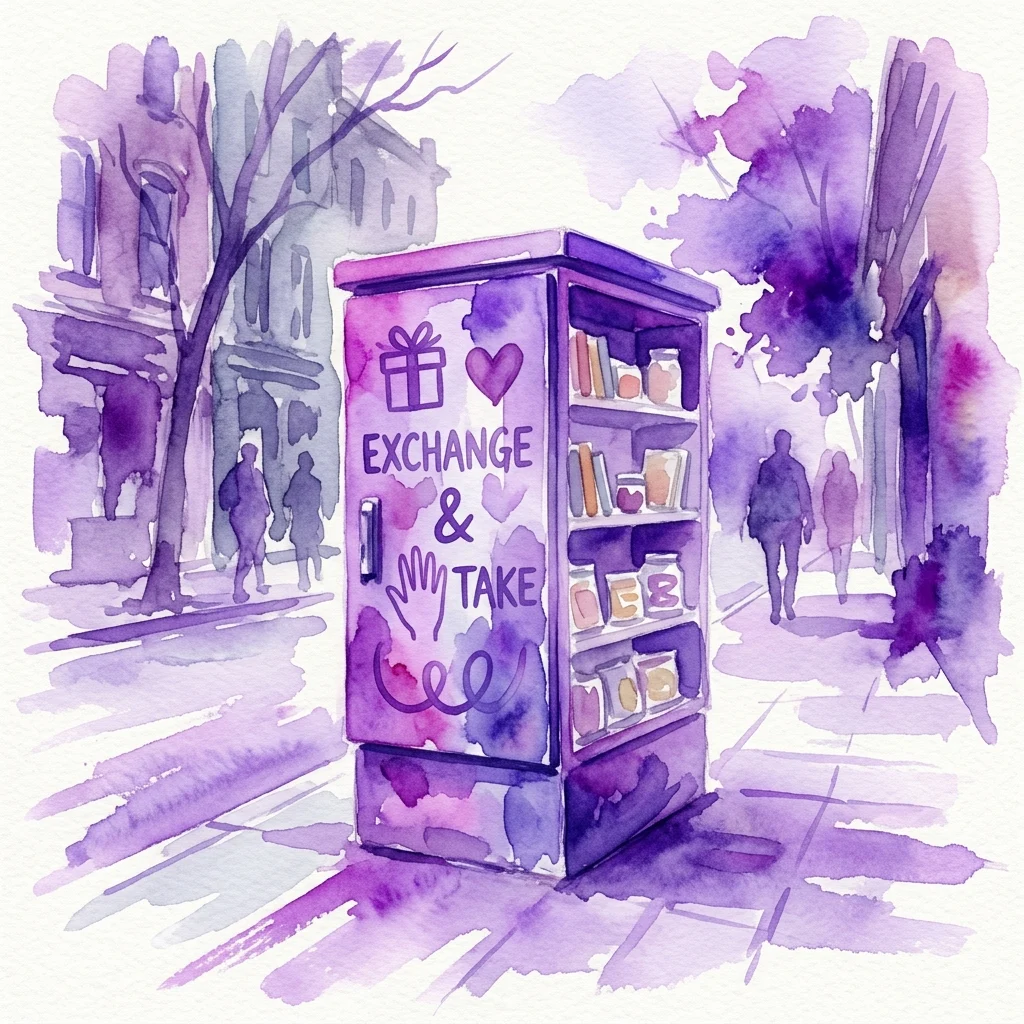 Een aquarelillustratie van een stedelijke kunstinstallatie: een paarse nutskast omgebouwd tot een openbaar uitwisselingspunt, gelabeld 'EXCHANGE & TAKE' met iconen voor cadeaus en harten, geplaatst in een stadstraat met voetgangers.