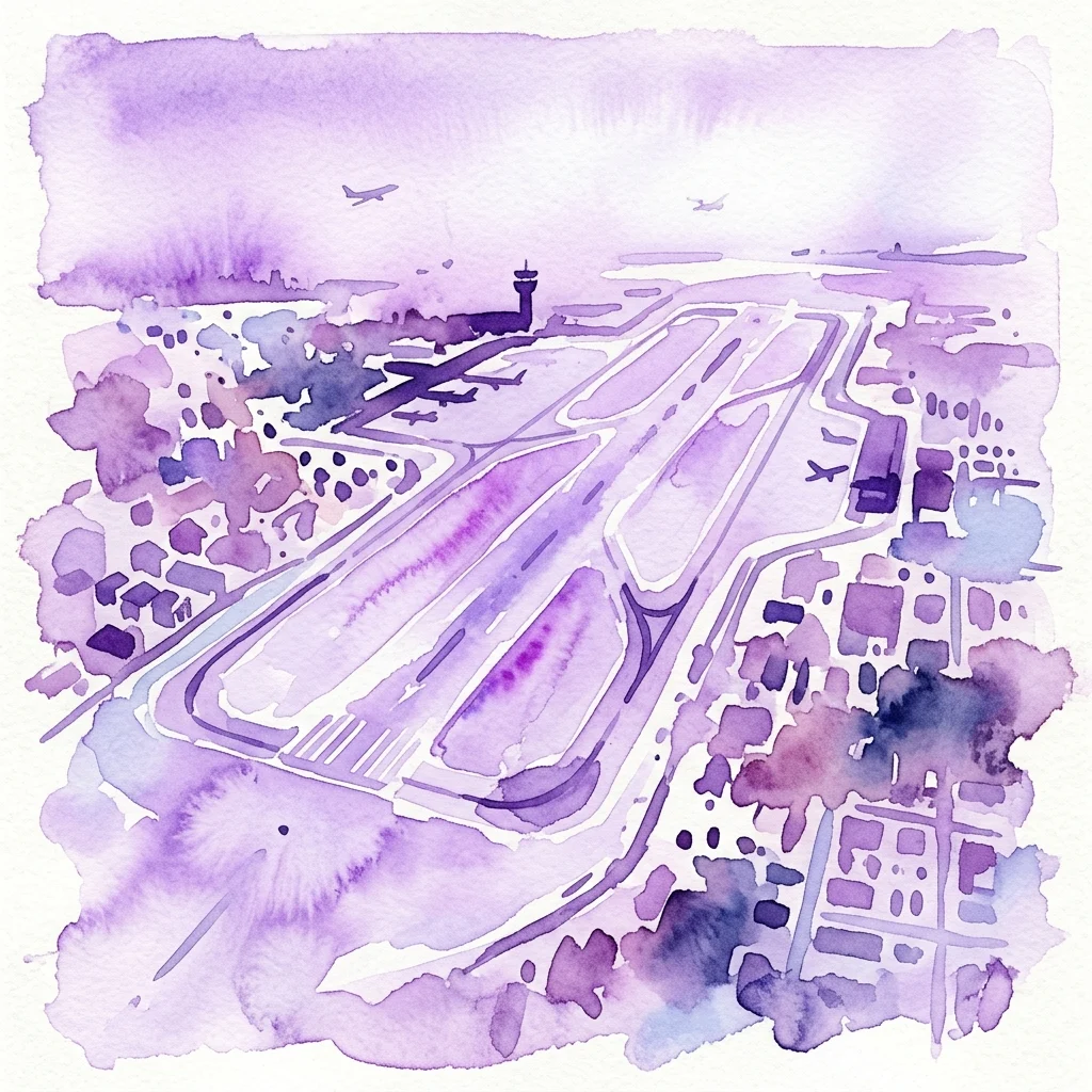 Fioletowa ilustracja akwarelowa pasa startowego lotniska z otaczającą zabudową miejską, reprezentująca obszar Buitenveldertbaan na wydarzenie Verwonderingstocht.