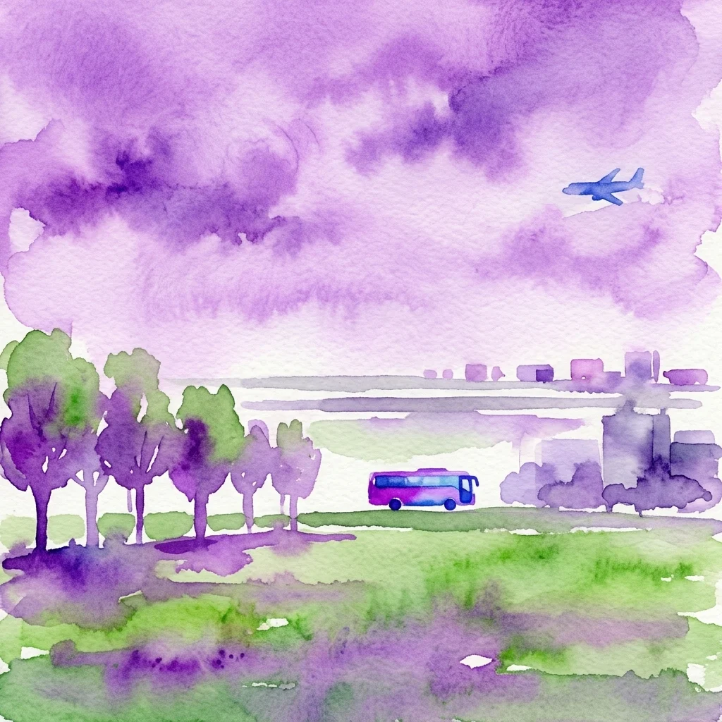 Ilustracja akwarelowa przedstawiająca autobus jadący przez holenderski krajobraz polderowy z odległym pasem startowym lotniska i samolotem na niebie.