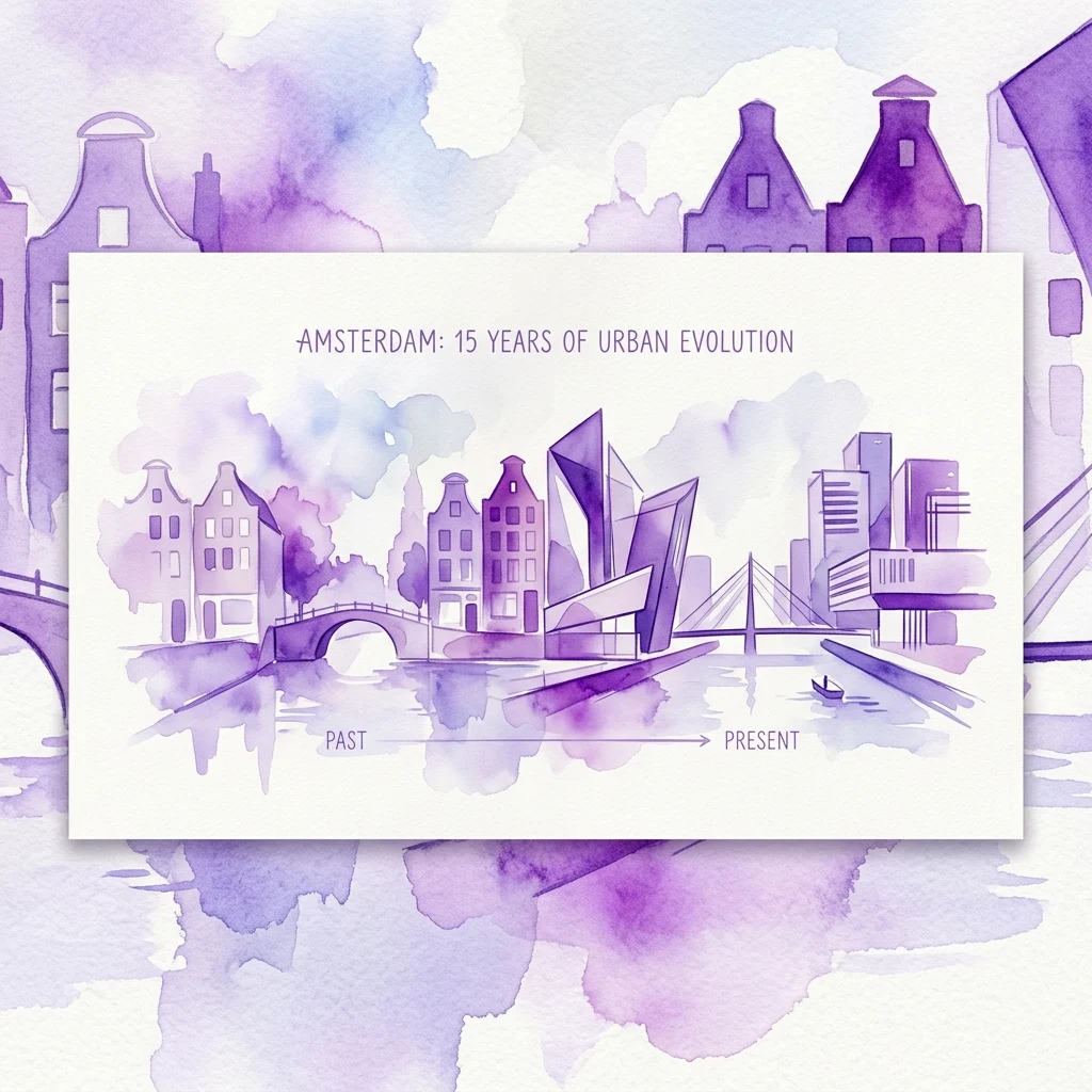 Watercolor illustration of Amsterdam's urban evolution, showing traditional Dutch canal houses on the left and modern architectural structures on the right, with a timeline from past to present.