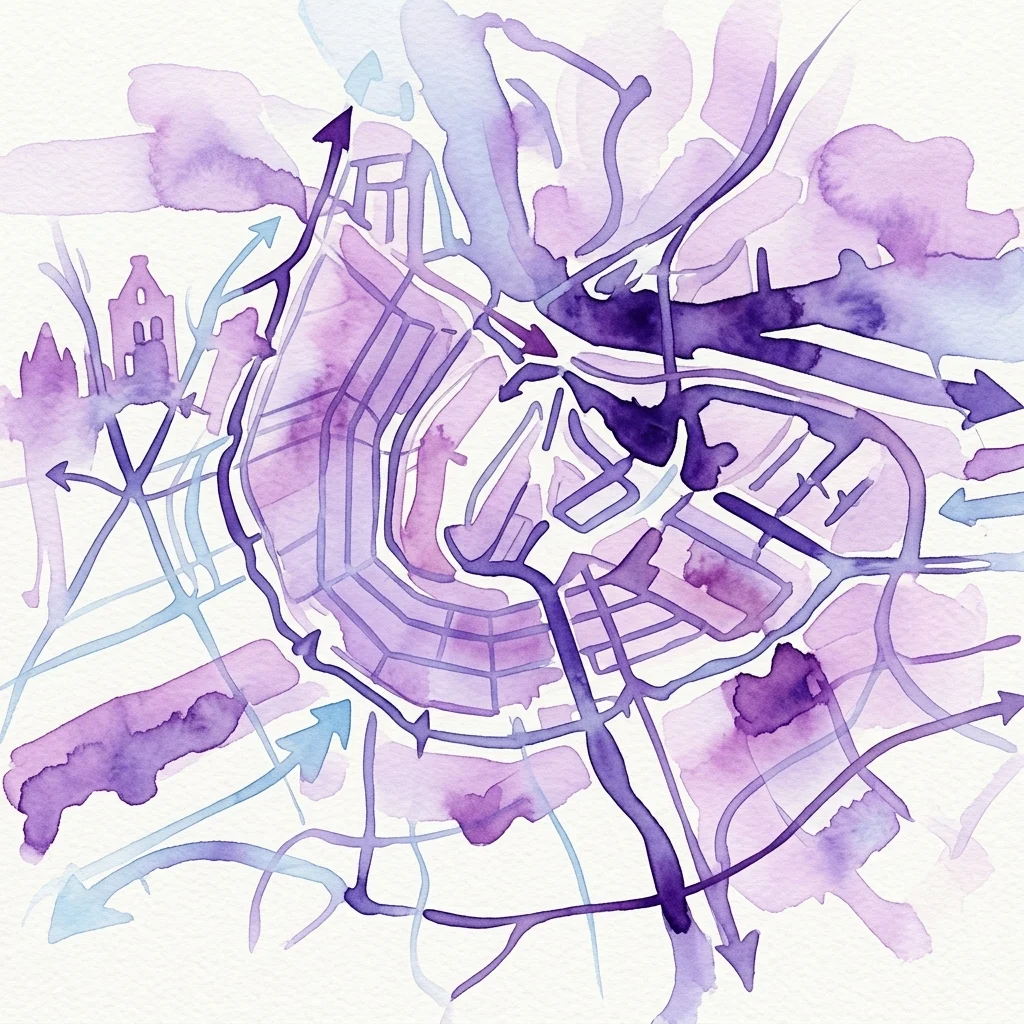 Watercolor map of Amsterdam with purple and blue hues, showing urban layout and waterways with arrows indicating flow, representing the exhibition 'Vloeibare bouwsteen – Ontwerpen met water in Amsterdam'.