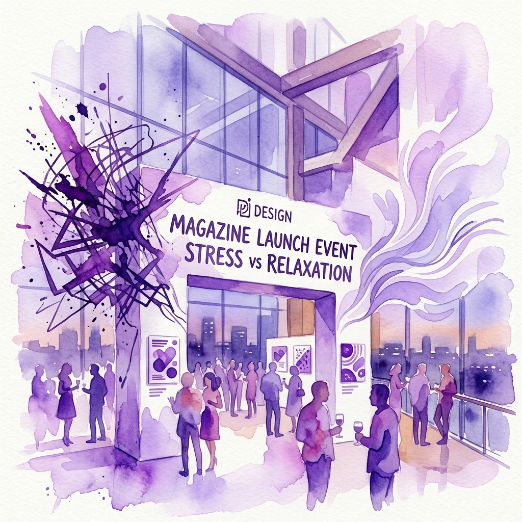 Watercolor illustration of a magazine launch event at Arcam, featuring attendees at a reception with abstract art installations representing stress and relaxation themes.