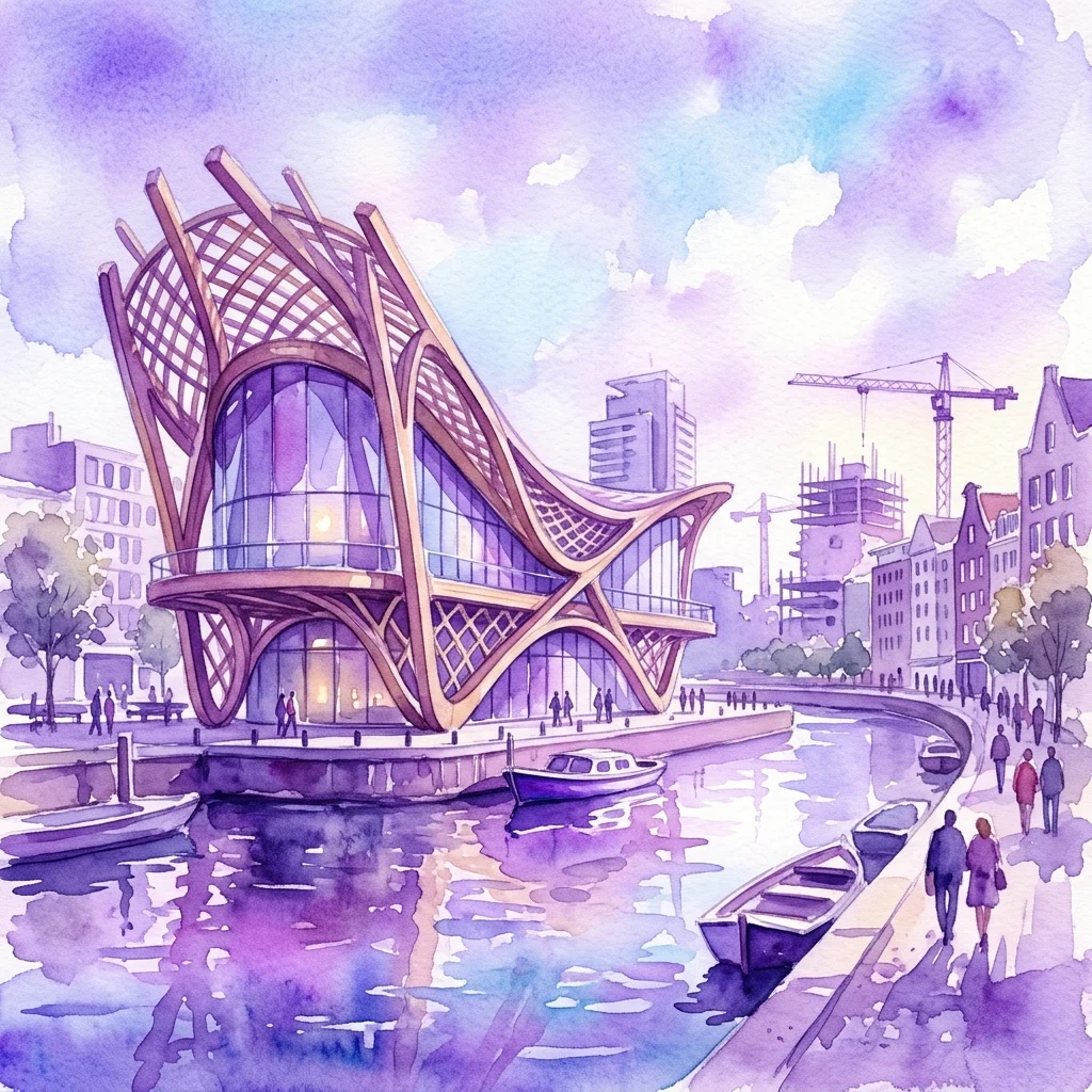 Een waterverf impressie van een futuristisch houten paviljoen aan het Waterplein in Sluisbuurt, Amsterdam, met een latwerkstructuur en glazen gevel, langs de gracht met boten en voetgangers.