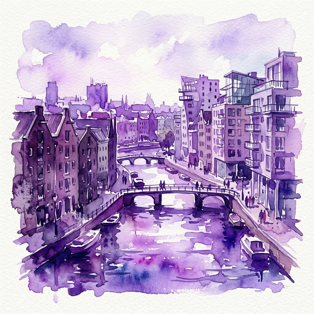 Waterverftekening van de Westelijke Eilanden in Amsterdam, met historische pakhuizen langs de gracht naast moderne postmoderne gebouwen, met bruggen en boten op het water.