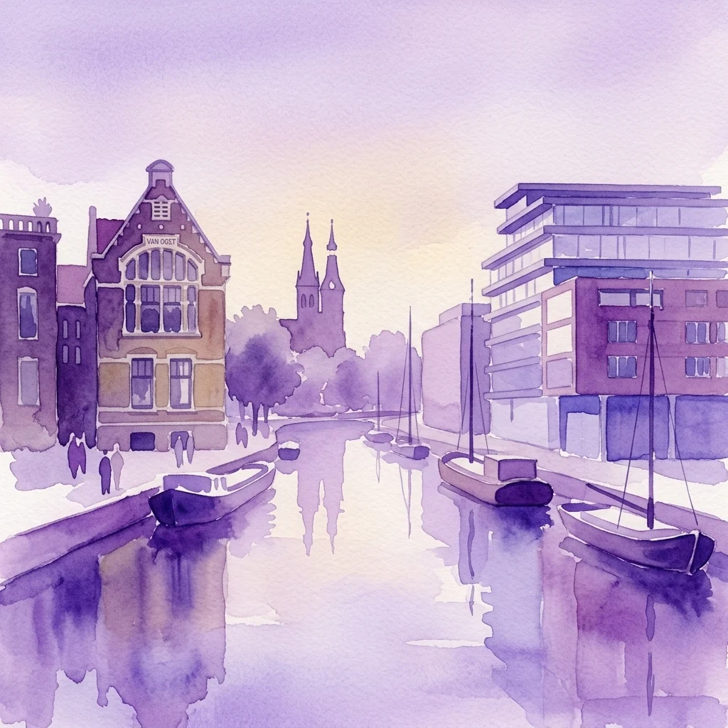 Ilustracja akwarelowa kanału w dzielnicy Westelijke Eilanden w Amsterdamie, przedstawiająca zabytkowe magazyny i nowoczesne budynki postmodernistyczne, z łodziami i odbiciami w wodzie.