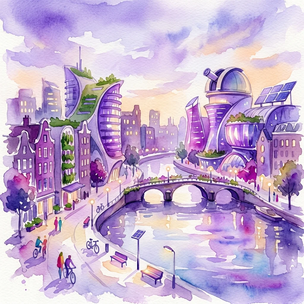 Een aquarelillustratie van een futuristisch Amsterdamse stadsgezicht met innovatief straatmeubilair, duurzame architectuur en een gracht, die visies van de stad in 2045 weerspiegelt door jonge studenten van OSB.