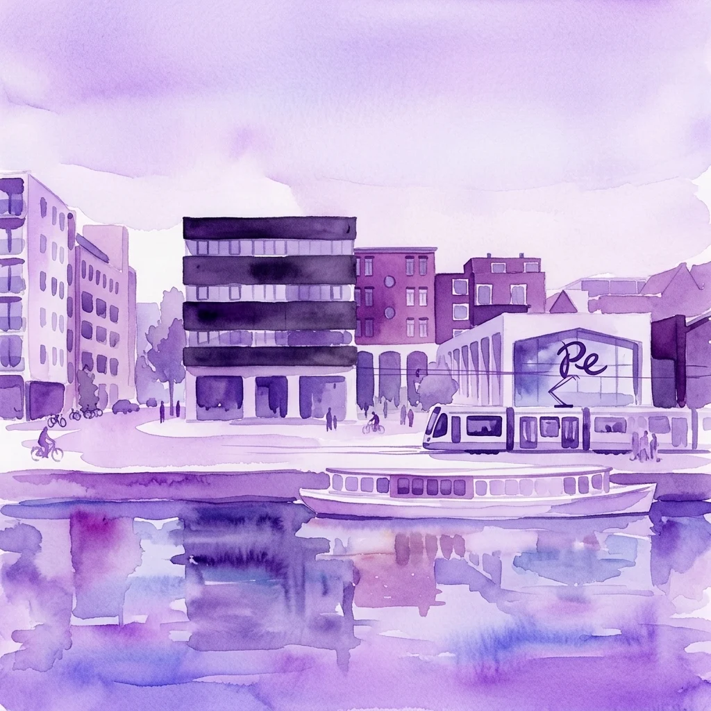 Watercolor illustration of a modern urban scene at Amsterdam Centraal, featuring a tram, canal boat, and contemporary buildings, highlighting public transport and open space design.