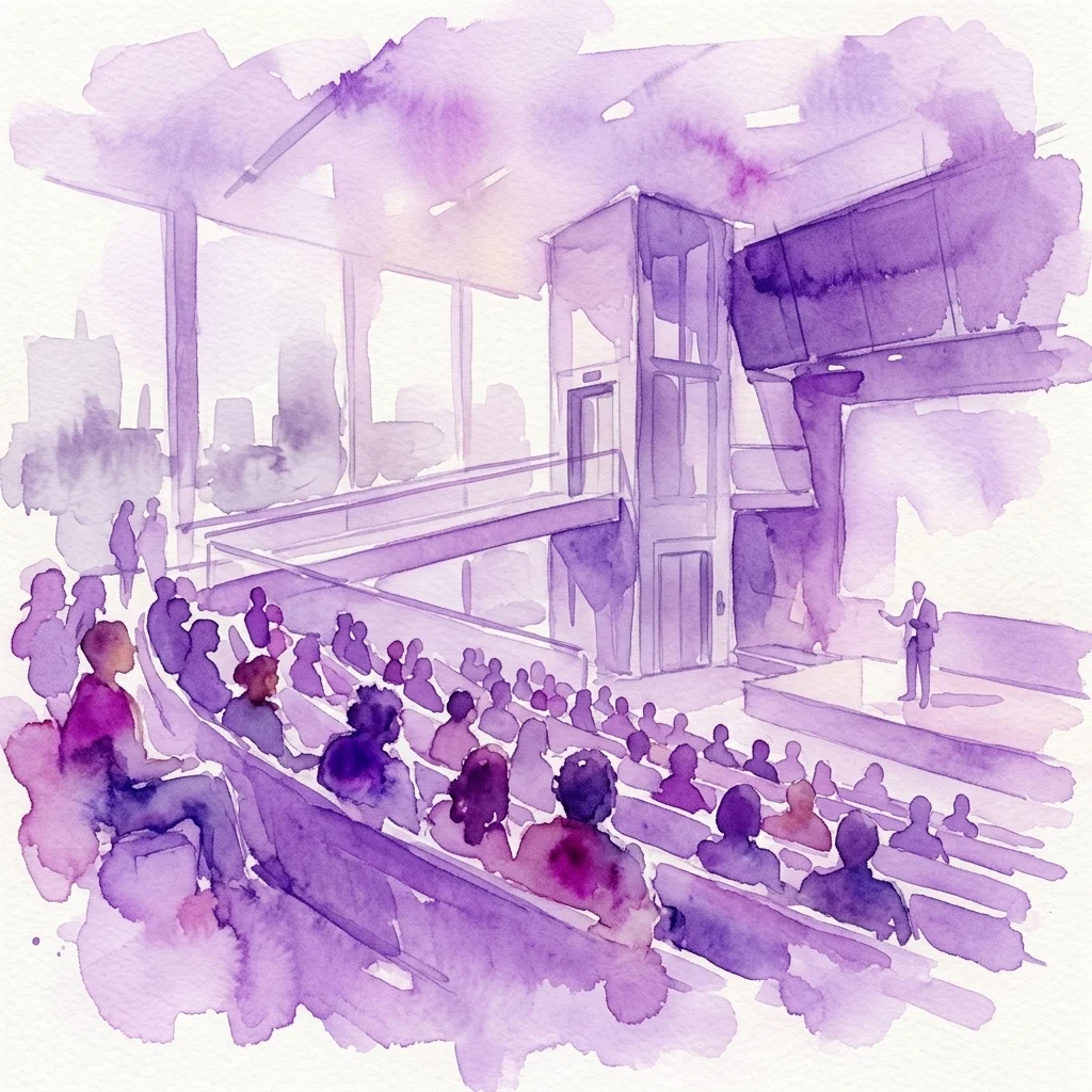 A watercolor illustration of a lecture hall with an audience listening to a speaker on stage, featuring a modern architectural design with accessible entry points.