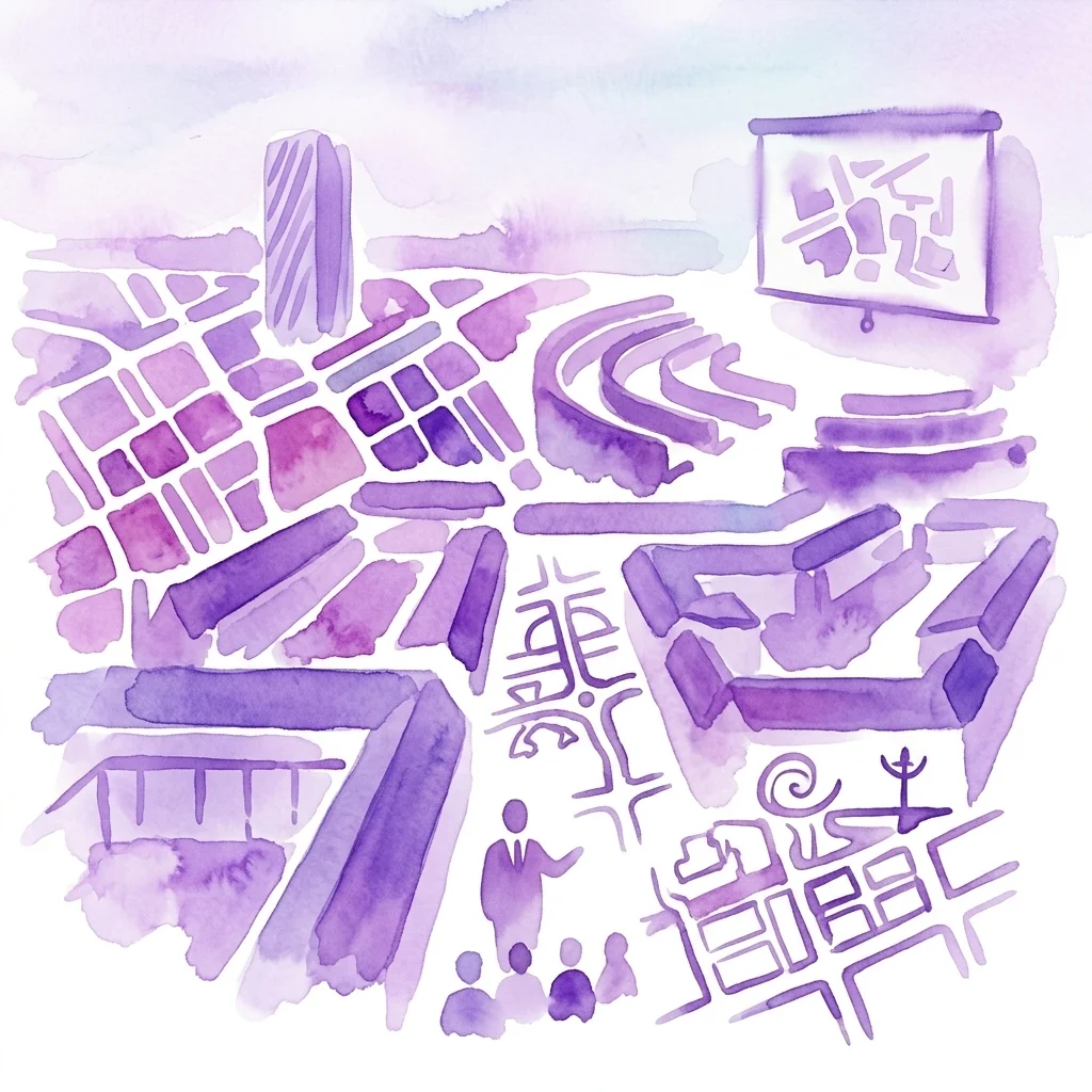 Watercolor illustration in purple tones depicting a lecture hall with an audience, a presenter, and a screen showing a city grid plan, representing the Winterlezingen 2014 lecture series on Plan Zuid.