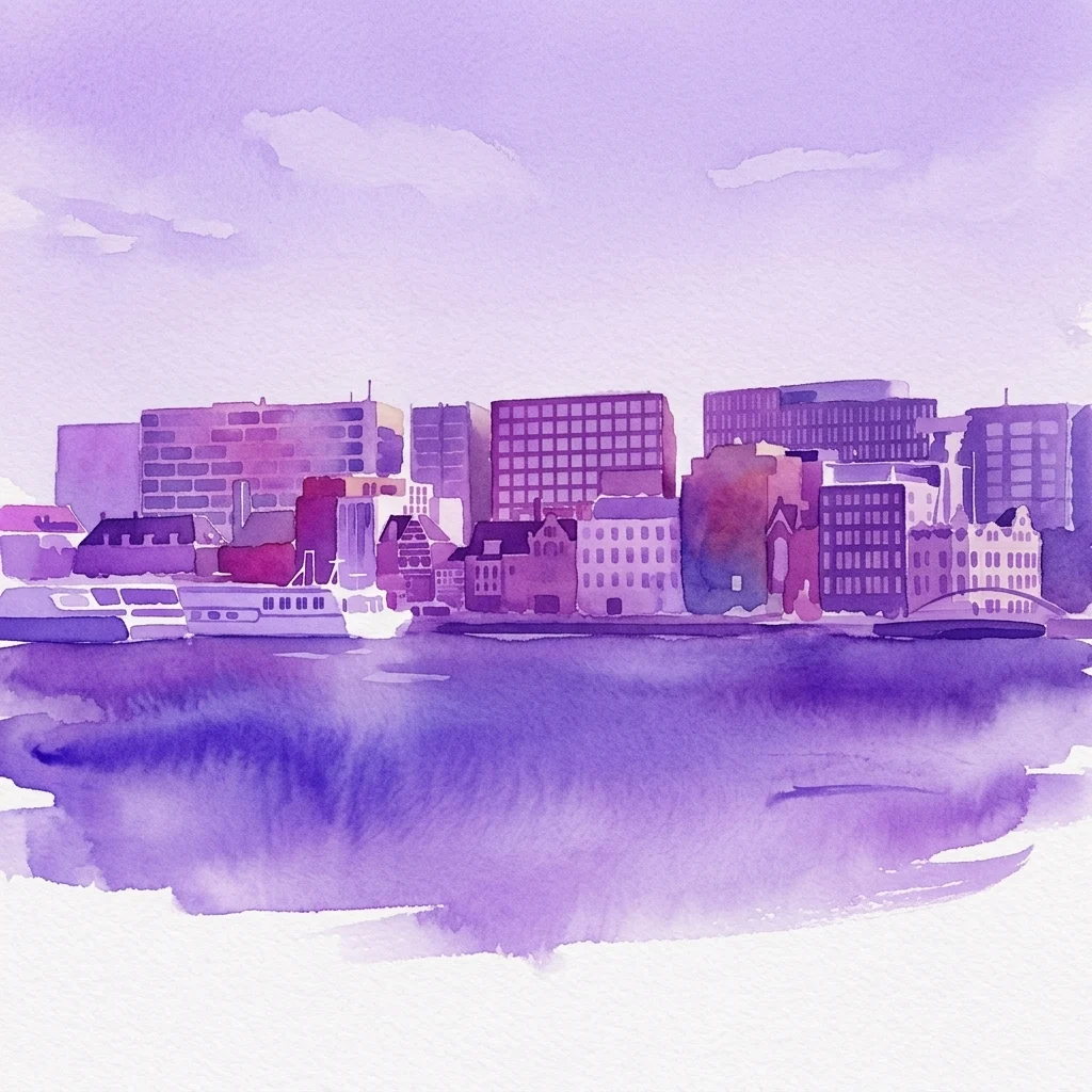 Fioletowa akwarelowa ilustracja nabrzeża IJ w Amsterdamie, przedstawiająca mieszankę historycznych i nowoczesnych budynków wzdłuż wody pod czystym niebem, symbolizująca transformację miejską.
