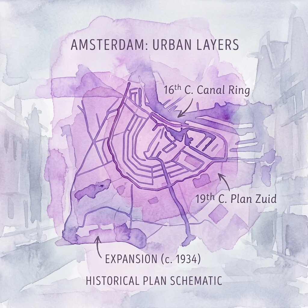 Un mapa esquemático estilo acuarela de Ámsterdam que muestra capas urbanas históricas, incluido el Anillo de Canales del siglo XVI, el Plan Zuid del siglo XIX y una expansión de 1934, ilustrando el desarrollo urbano de la ciudad a lo largo del tiempo.