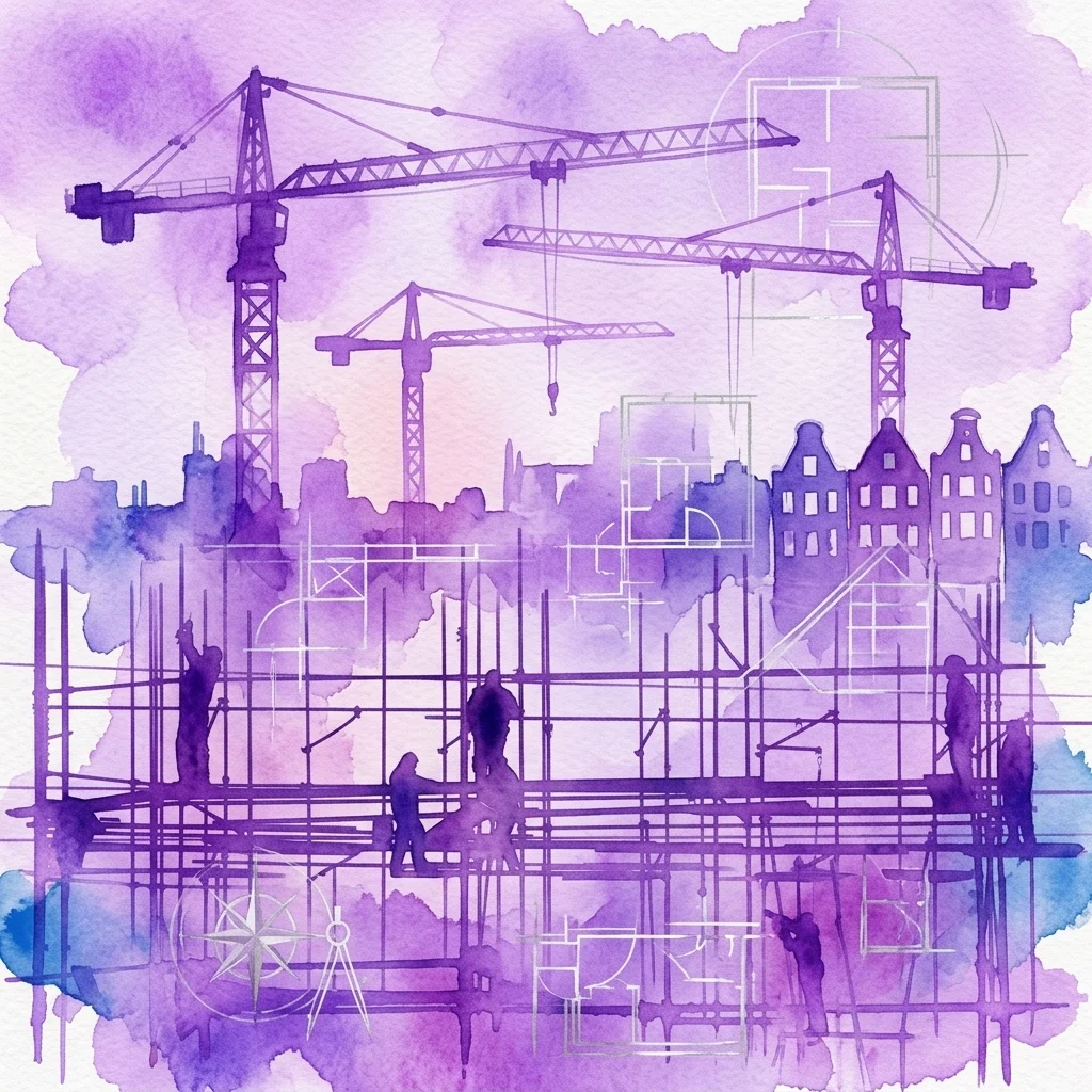 Fioletowa ilustracja akwarelowa przedstawiająca rozwój urbanistyczny Amsterdamu z żurawiami, rusztowaniami, pracownikami budowlanymi i planami architektonicznymi na tle panoramy miasta.