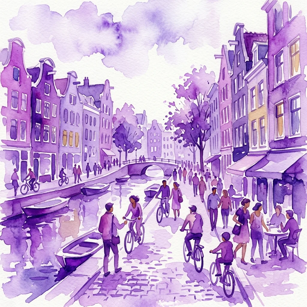Een aquarelillustratie van een levendige grachtscene in de Amsterdamse Van der Pekbuurt, met mensen die wandelen, fietsen en samenkomen bij traditionele Nederlandse gebouwen en een brug.