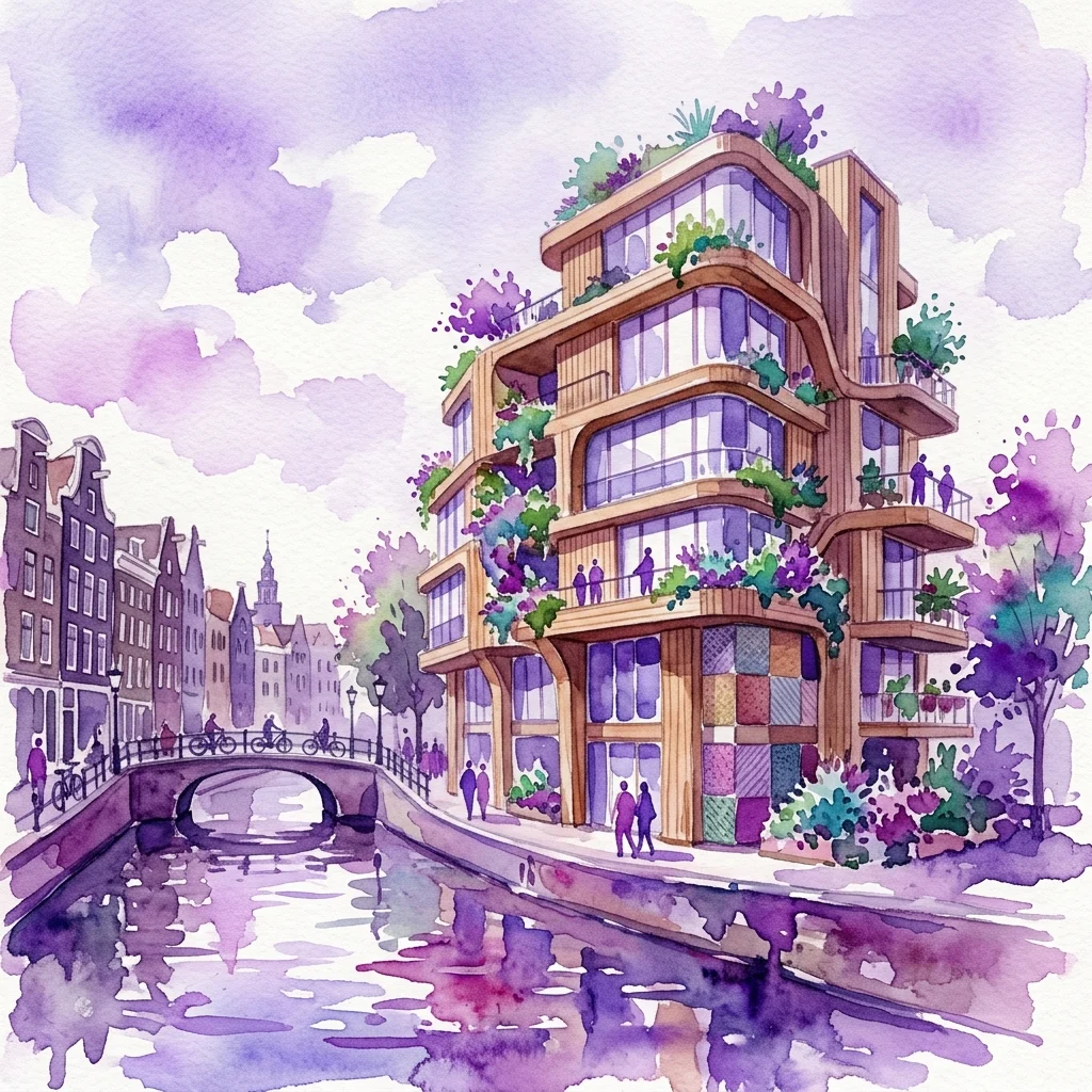 Ilustracja akwarelowa Wooncoöperatie De Warren, zrównoważonego drewnianego budynku mieszkalnego z zielenią i materiałami z recyklingu, położonego na Centrumeiland w Amsterdamie, z kanałem i tradycyjną holenderską architekturą w tle.