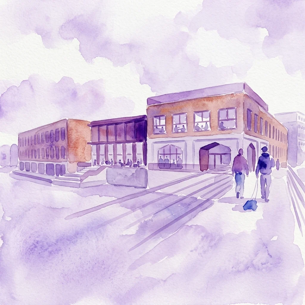 Akwarelowa wizualizacja Xplore Agora Amsterdam, nowoczesnego budynku edukacyjnego z fasadą z betonu i czerwonej cegły, z dużymi oknami i otwartym planem sprzyjającym nauce przez współpracę.