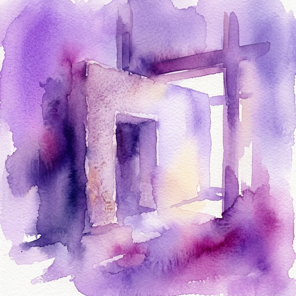 Abstract watercolor artwork in purple and white tones depicting a minimalist architectural structure with light and shadow, evoking sensory experience and introspection.