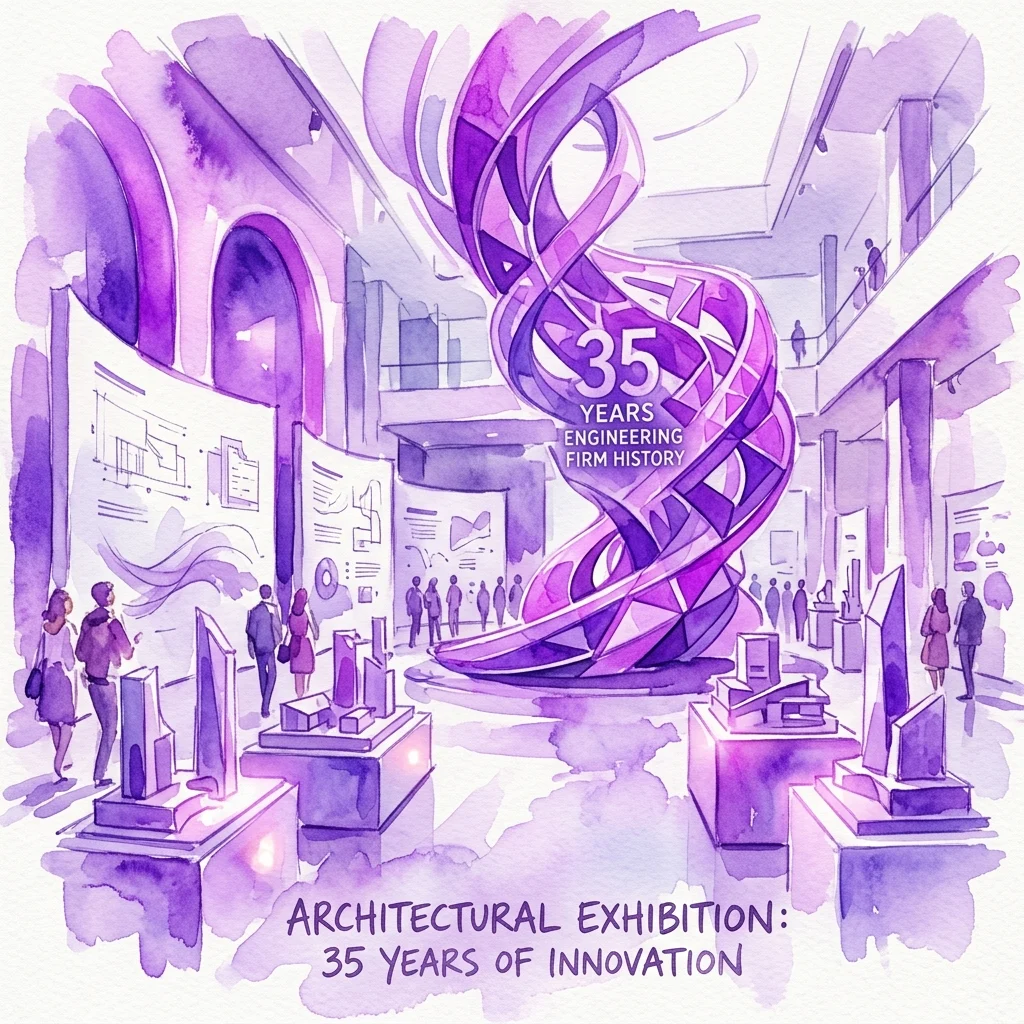 Ilustración en acuarela de una exposición de arquitectura que celebra 35 años de innovación, con una gran instalación escultórica morada, maquetas y visitantes explorando el espacio de la galería.