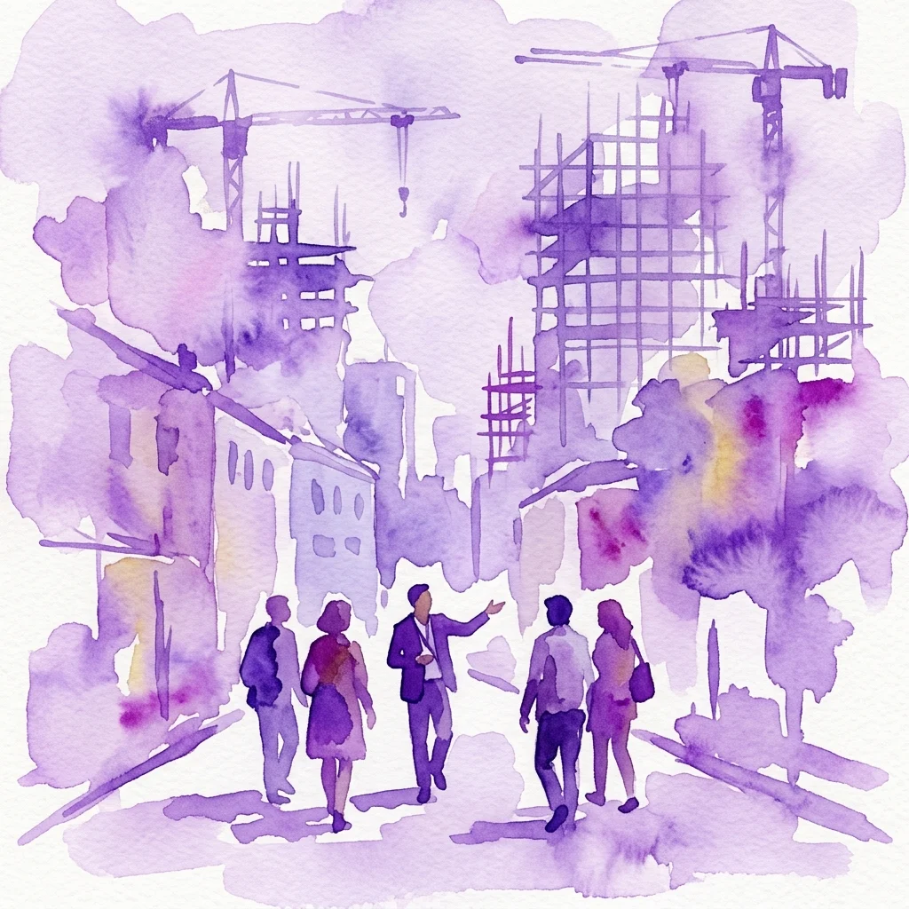 Een aquarelillustratie van een groep tijdens een wandeltocht op Centrumeiland, met moderne gebouwen in aanbouw en kranen op de achtergrond, die stedelijke ontwikkeling en duurzaam ontwerp benadrukt.