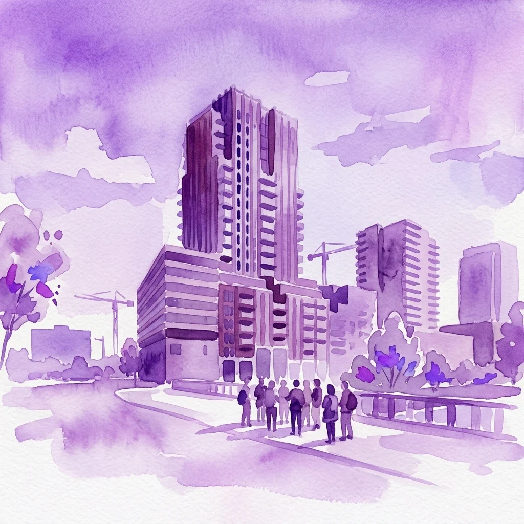 A watercolor illustration of a group on an architectural walking tour in Amsterdam Noord, examining modern high-rise residential buildings under construction in the Elzenhagen-Zuid development area.