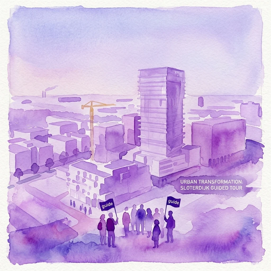 Una ilustración en acuarela de un tour guiado en el barrio de Sloterdijk de Ámsterdam, mostrando edificios modernos, grúas de construcción y un grupo de personas con guías explorando la transformación urbana.