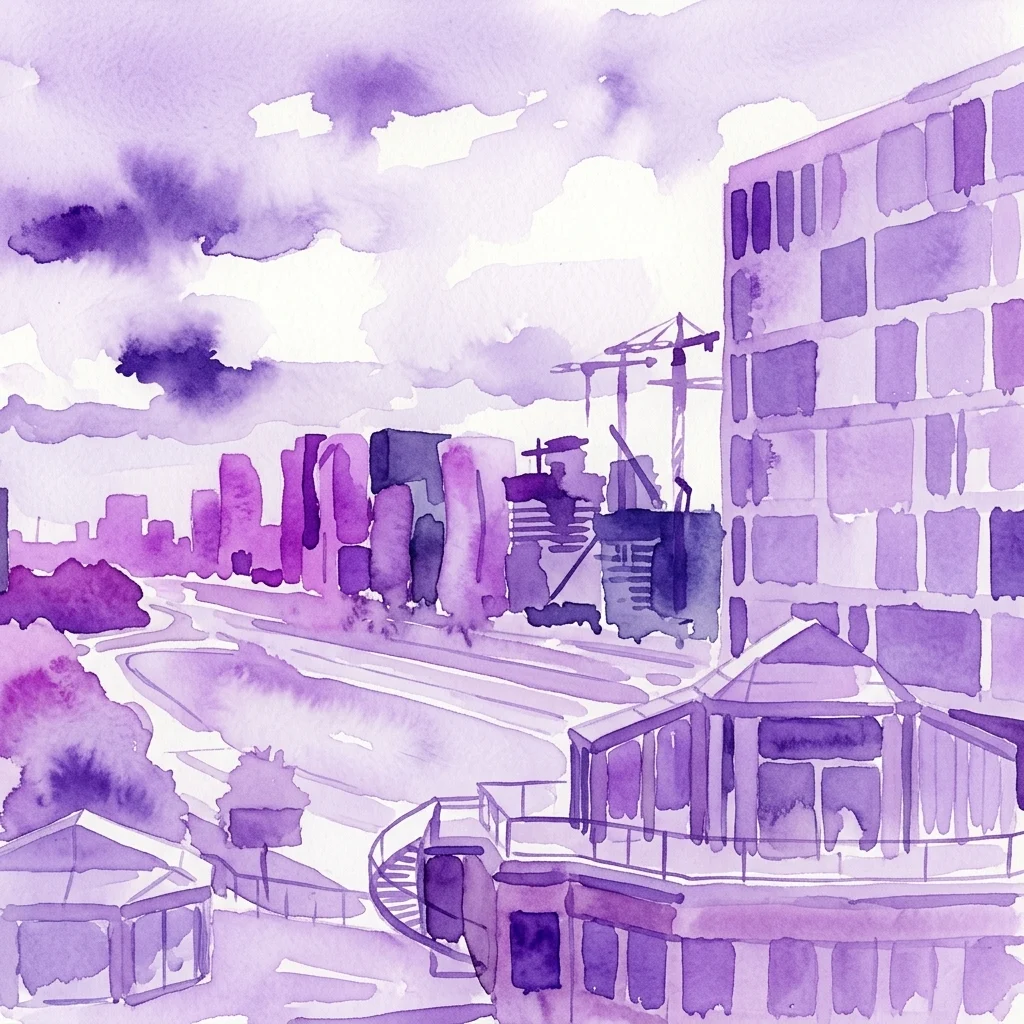 Fioletowa ilustracja akwarelowa dzielnicy Zuidas w Amsterdamie, przedstawiająca nowoczesne, powstające wieżowce z dźwigami, łączące starą i nową architekturę pod pochmurnym niebem.