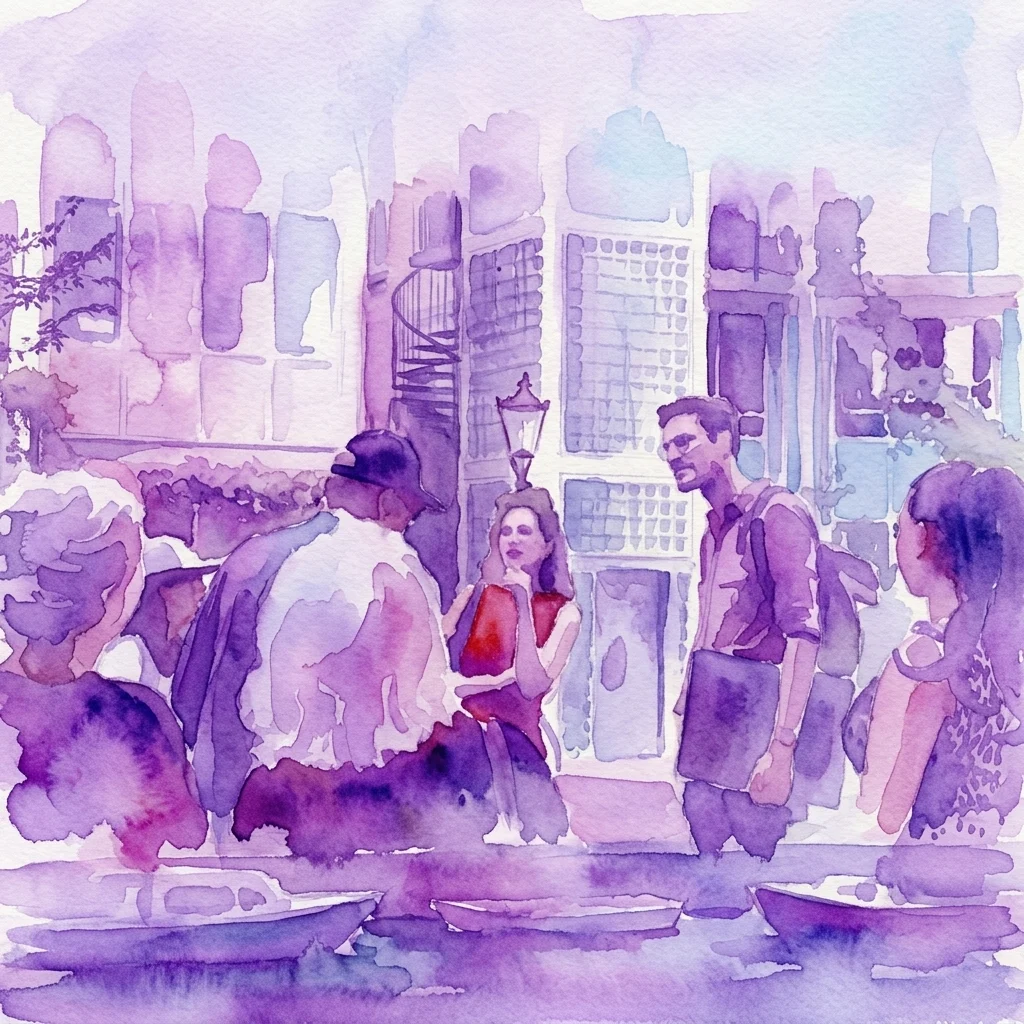 Ilustracja akwarelowa przedstawiająca ludzi spacerujących wzdłuż amsterdamskiego kanału, z historycznymi i nowoczesnymi budynkami w tle pod bezchmurnym letnim niebem.