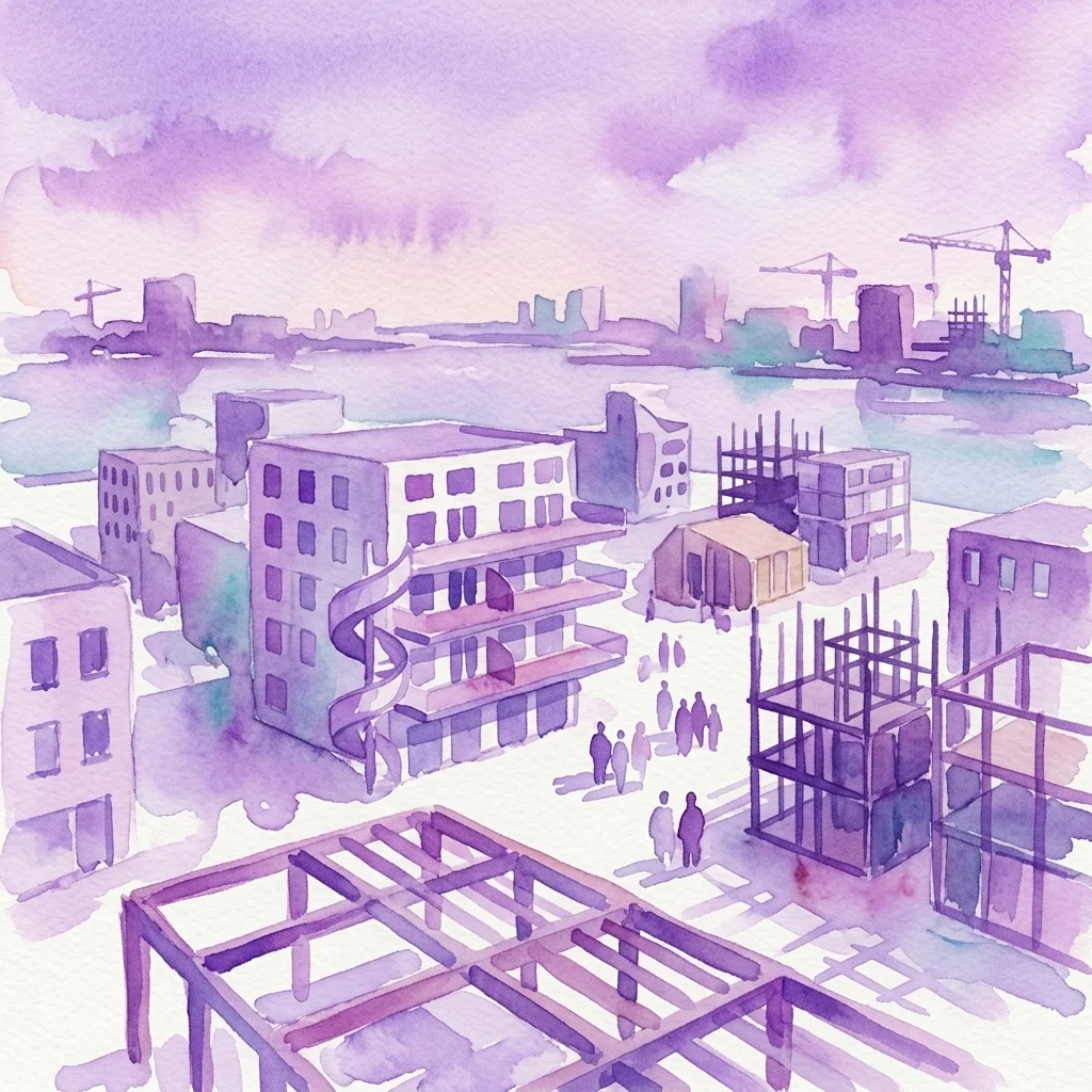 Watercolor illustration of a developing city island with self-build housing projects, construction sites, and cranes, showcasing diverse architectural styles and urban transformation.