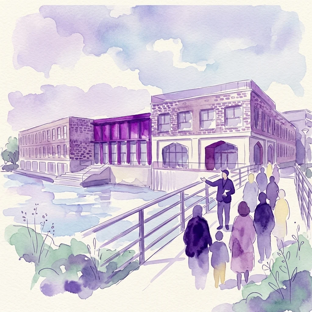 Een aquarelillustratie van een begeleide wandeling in Elzenhagen Zuid, Amsterdam-Noord, waarop een groep moderne woongebouwen en groene ruimtes langs een gracht verkent.