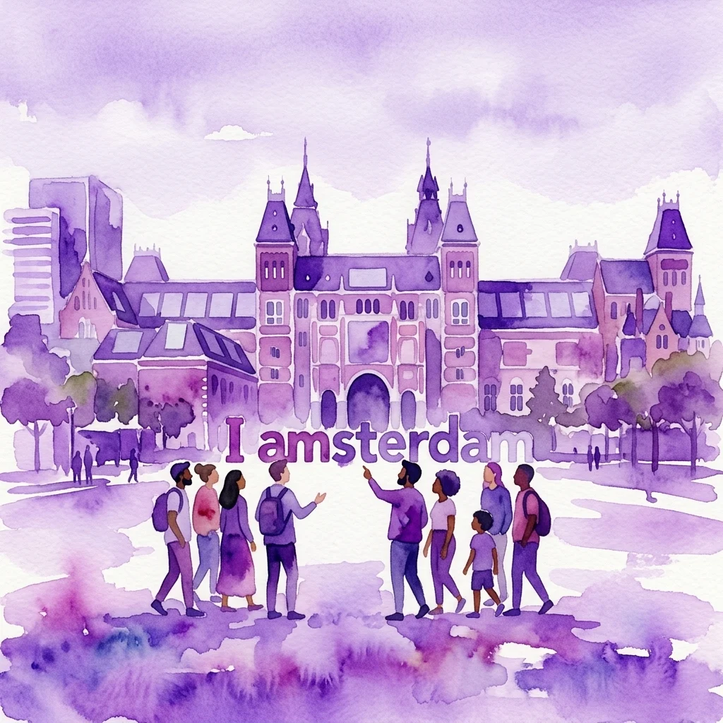 Een aquarelillustratie van een diverse groep tijdens een begeleide stadswandeling door het Museumkwartier van Amsterdam, met historische en moderne gebouwen op de achtergrond en de tekst "I amsterdam".