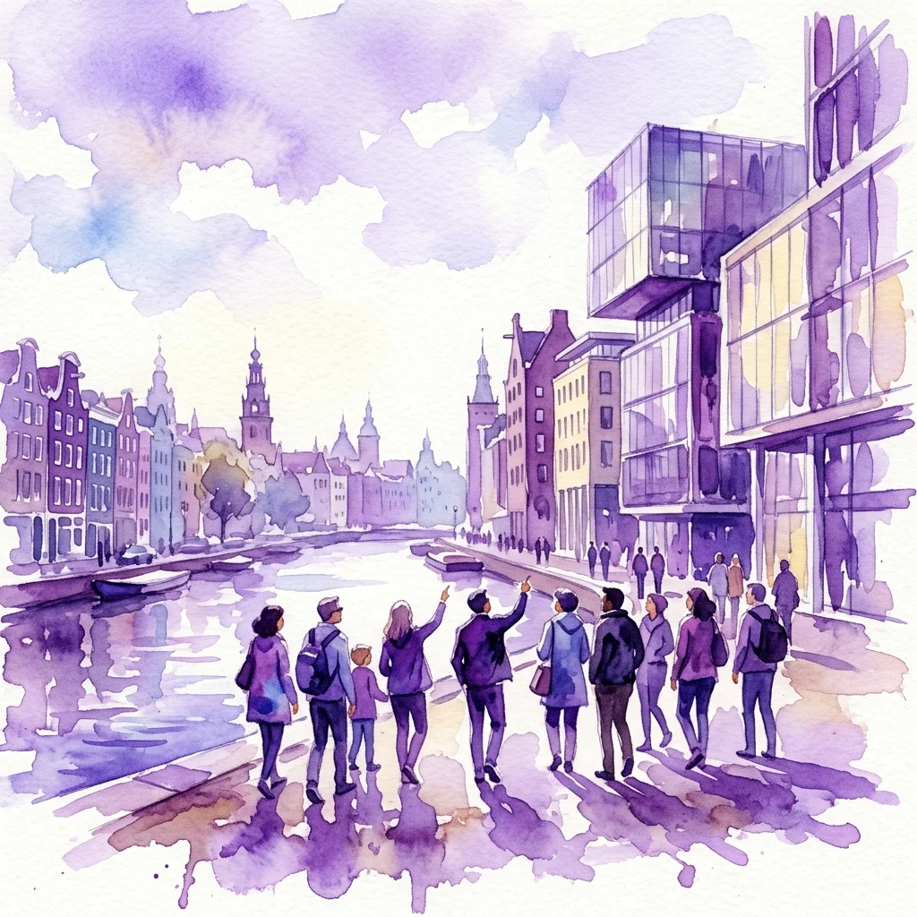 Een aquarelillustratie van een groep die langs een gracht in Amsterdam wandelt, met uitzicht op moderne en historische gebouwen onder een paarse hemel, onderdeel van de Zomerwandelingen Oosterdokseiland.