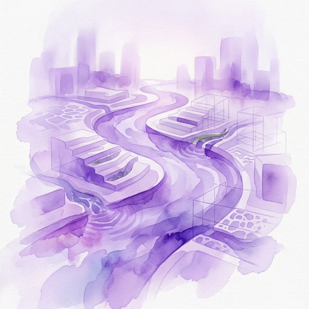 Ilustración abstracta de acuarela de un paisaje urbano con canales de agua que fluyen y maquetas arquitectónicas, representando un diseño innovador de gestión del agua para entornos urbanos.