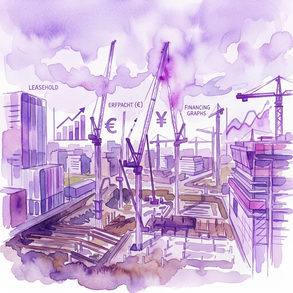 An artistic illustration of a city construction site with cranes, buildings, and financial symbols like euro and yen signs, graphs, and labels such as 'LEASEHOLD', 'ERFPACHT (€)', and 'FINANCING GRAPHS', representing the exhibition 'Form Follows Finance – The City as a Spreadsheet'.