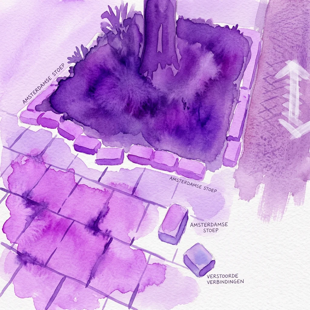 Ilustración en acuarela de una instalación de pavimento en Ámsterdam, que muestra texturas y patrones de piedra con las etiquetas 'Amsterdamse Stoep' y 'Verstoorde Verbindingen'.