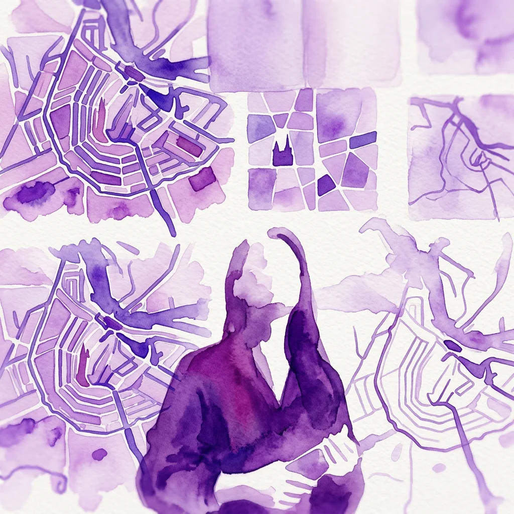 A watercolor illustration of artistic maps of Amsterdam in purple hues, featuring a central figure surrounded by diverse interpretations of the city's layout.